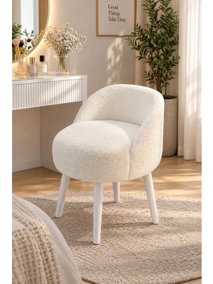 Yg Decor Lüks Bukle Makyaj Koltuğu Beyaz Ahşap Ayaklı Çok Amaçlı Tasarım Puf ve Berjer