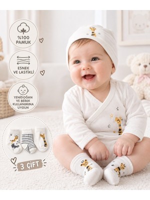 Kral Baby Pamuklu 3 Çift Esnek Antialerjik Zürafa Desenli Beyaz Unisex Yenidoğan Bebek Çorabı (0-1 Yaş)