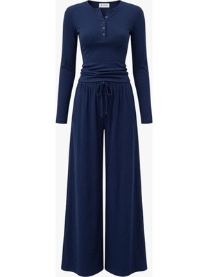 EVOA Basic Düğmeli Bluz ve Bol Paça Pantolon Takım S - Lacivert