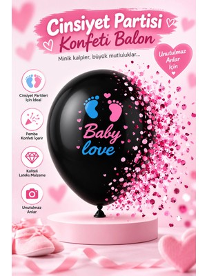 Yenilig Cinsiyet Partisi Baby Love Pembe Konfetili Siyah Balon – Cinsiyet Belirleme Sürpriz Balonu