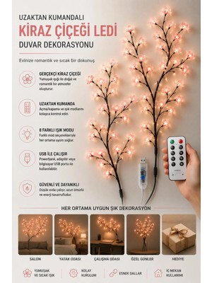 Yenilig Uzaktan Kumandalı Kiraz Çiçeği LED Duvar Dekorasyonu USB Girişli Dekoratif Işık