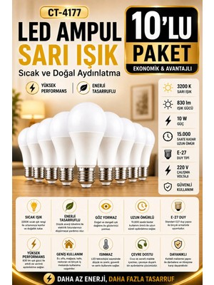 Yenilig CT-4177 LED Ampul 10W E27 Sarı Işık 3200K 830 Lümen Enerji Tasarruflu