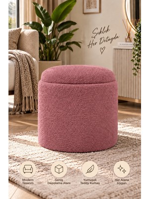Yg Decor Teddy Kumaş Saklama Alanlı Yuvarlak Puf Antre ve Yatak Ucu Sehpa Pufu