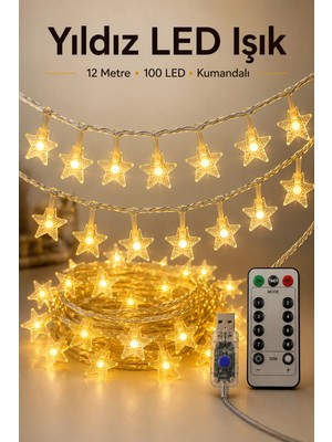 Yenilig 12 Metre 100 LED Yıldız Işık Sarı Renk USB Kumandalı 8 Modlu Dekoratif LED Aydınlatma
