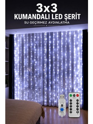 Yenilig 3x3 Metre Kumandalı LED Perde Işık Beyaz USB 8 Modlu Dekoratif Aydınlatma