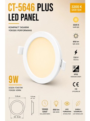 Yenilig CT-5646 Plus LED Panel 9W Sarı Işık 3200K Yuvarlak Sıva Altı LED Spot Armatür