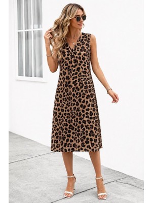 TeknoKapsül Kadın Kolsuz V Yakalı Desenli Süprem Kısa Elbise - Leopar / L-Xl