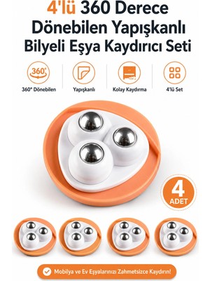 Yenilig 4’lü 360 Derece Dönebilen Yapışkanlı Bilyeli Eşya Kaydırıcı Seti – Mobilya, Saksı, Kutu ve Ev Eşyaları Için Pratik Taşıma Aparatı