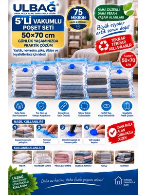 Ülbag 5'li Vakumlu Poşet Seti En Küçük Boy 50 Cm X 70 Cm Yastık, Elbise Ve Bavul Içi Vakumlu Hurç