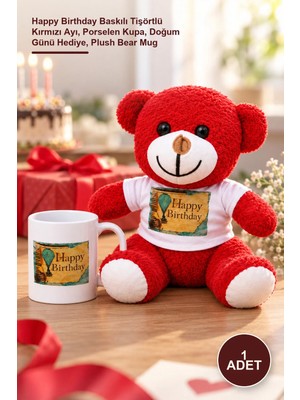 Yenilig 1 Adet Peluş Ayıcık ve Kupa Hediye Seti – Happy Birthday Baskılı Tişörtlü Kırmızı Ayı, Porselen Kupa, Doğum Günü Hediye, Plush Bear Mug