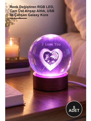 Yenilig 5 Adet I Love You Işıklı Cam Küre – Renk Değiştiren Rgb Led, Cam Üst Ahşap Altlık, USB ile Çalışan Galaxy Küre