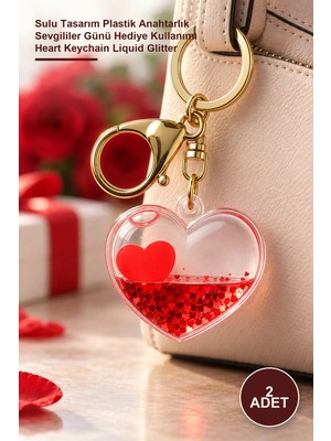 Yenilig 2 Adet Kırmızı Kalp Anahtarlık – Sulu Tasarım Plastik Anahtarlık Sevgililer Günü Hediye Kullanımı Heart Keychain Liquid Glitter