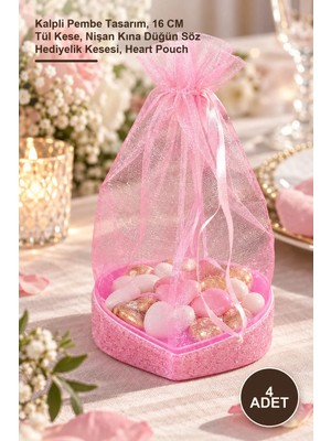 Yenilig 4 Adet Tül Kese – Kalpli Pembe Tasarım, 16 cm Tül Kese, Nişan Kına Düğün Söz Hediyelik Kesesi, Heart Pouch
