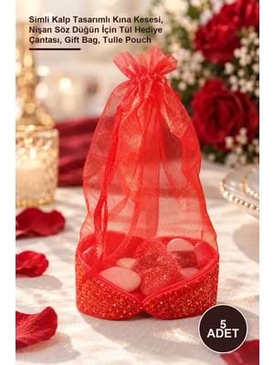 Yenilig 5 Adet Kırmızı Kalpli Tül Kese – Simli Kalp Tasarımlı Kına Kesesi, Nişan Söz Düğün Için Tül Hediye Çantası, Gift Bag, Tulle Pouch