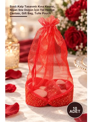 Yenilig 10 Adet Kırmızı Kalpli Tül Kese – Simli Kalp Tasarımlı Kına Kesesi, Nişan Söz Düğün Için Tül Hediye Çantası, Gift Bag, Tulle Pouch
