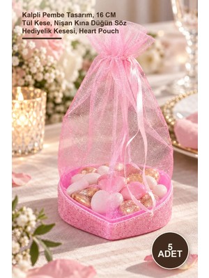 Yenilig 5 Adet Tül Kese – Kalpli Pembe Tasarım, 16 cm Tül Kese, Nişan Kına Düğün Söz Hediyelik Kesesi, Heart Pouch