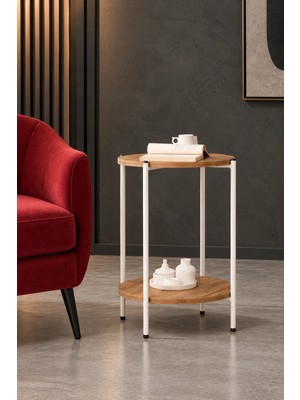 Arpelia Yuvarlak Tablalı İki Katlı Sehpa Metal Ayaklı Modern Tasarım 42 cm Çapında
