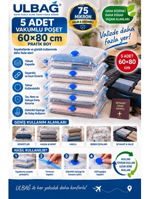 Ülbag  5'li Vakumlu Poşet Seti 60 cm x 80 cm Yastık, Elbise Ve Battaniye Vakumlu Hurç