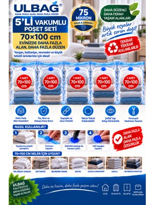 Ülbag 5' Li Büyük Boy Set  Vakumlu Hurç Yorgan Hurcu 70X100 Vakumlu Poşet