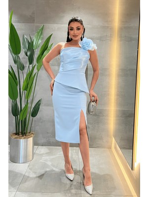 Giyimmasalı Double Kumaş Tek Kol Gül Detaylı Kalem Elbise - Bebe MAVİSİ-GYM-175