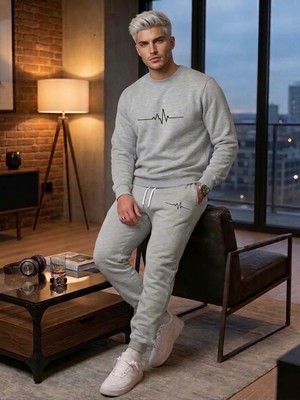 Woodroffe Unisex Kalp Atışı Baskılı Bisiklet Yaka Eşofman Takımı Oversize