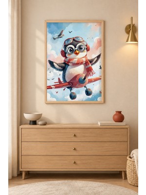 Tontilika Pilot Penguen Kırmızı Uçak Ahşap Çerçeveli Duvar Tablosu