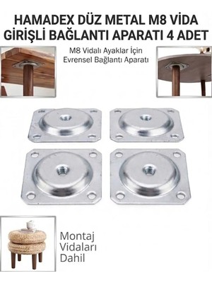 Hamadex 4’lü Düz Metal Bağlantı Aparatı – M8 Vida Girişli | Masa, Sandalye, Sehpa Uyumlu Montaj Seti