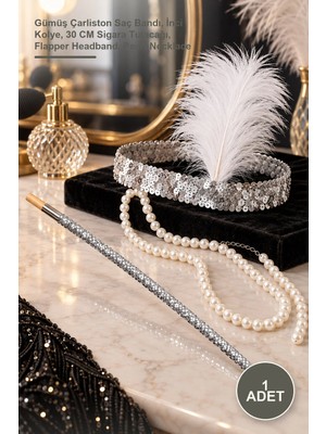 Yenilig 1 Adet Gatsby 1920'LER Parti Aksesuar Seti – Gümüş Çarliston Saç Bandı, Inci Kolye, 30 cm Sigara Tutacağı, Flapper Headband, Pearl Necklace