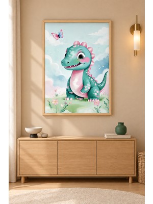 Tontilika Pembe Benekli Dinozor Çiçekli Çayır Ahşap Çerçeveli Duvar Tablosu