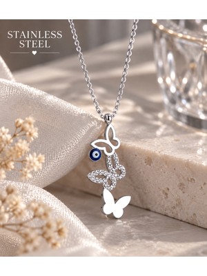 Stainless Steel Gümüş Renk Üç Kelebek Model Nazar Boncuklu Zirkon Taşlı Çelik Kolye