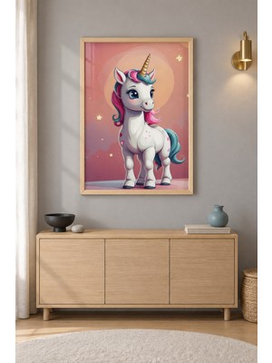 Tontilika Pembe Yeleli Unicorn Yıldız Tozu Ahşap Çerçeveli Duvar Tablosu