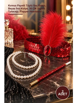 Yenilig 2 Adet Gatsby Çarliston Parti Aksesuar Seti – Kırmızı Payetli Tüylü Saç Bandı, Beyaz Inci Kolye, 30 cm Sigara Tutacağı, Flapper Headband