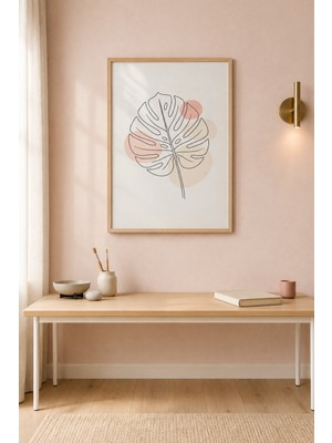 Tontilika Monstera ve Daireler Pastel Kontur Ahşap Çerçeveli Duvar Tablosu