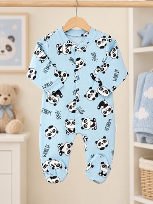 Bebek Star Panda Desenli Patikli Mavi Bebek Tulumu %100 Cotton
