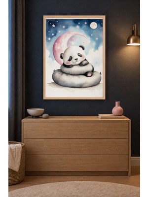 Tontilika Minderde Uyuyan Panda Pembe Hilal Ahşap Çerçeveli Duvar Tablosu