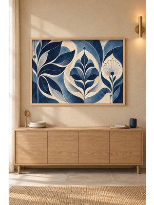 Tontilika Lacivert Yaprak Deseni Art Nouveau Ahşap Çerçeveli Duvar Tablosu