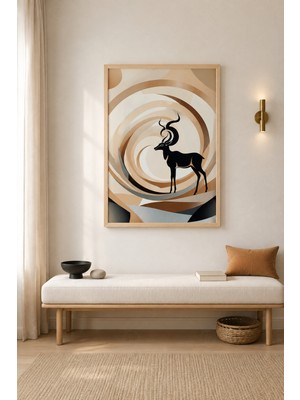 Tontilika Kıvrık Boynuz Antilop Silüeti Ahşap Çerçeveli Duvar Tablosu