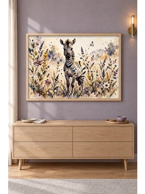 Tontilika Kır Çiçeklerinde Zebra Kelebek Ahşap Çerçeveli Duvar Tablosu