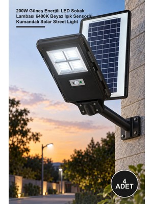 Yenilig 4 Adet CT-4640 Solar Sokak Armatürü – 200W Güneş Enerjili LED Sokak Lambası 6400K Beyaz Işık Sensörlü Kumandalı Solar Street Light
