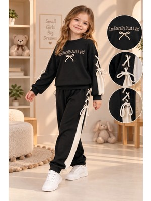 Zepkids Kız Çocuk Siyah Eşofman Takımı Oysho Kumaş Kaliteli Sweatshirt Pantolon Ipli Bağcıklı Spor Günlük Takım