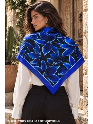 Tarzını Seç Saks Mavi Çiçek Çift Taraflı Baskılı Fular 70 x 70 cm