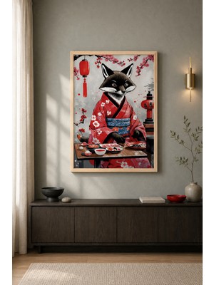 Tontilika Kimono Tilki Suşi Masası Ahşap Çerçeveli Duvar Tablosu