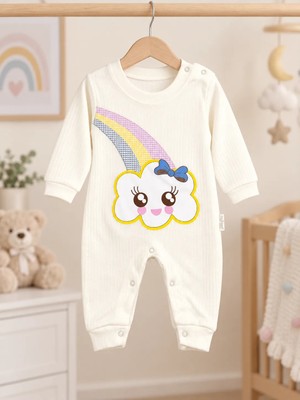 Bebek Star Gökkuşağı Baskılı Krem %100 Cotton Bebek Tulumu