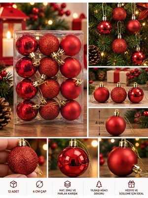 Kesene Yeni Yıla Özel 12 Parça Yılbaşı Çam Ağacı Topları Kırmızı renkli Noel Ağacı Süs Topları 4 cm