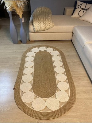 Rönesans Tekstil Bohem Tarzı Doğal Jüt Oval Halı -Daire Motifli Örgü Hasır Koridor ve Antre Halısı