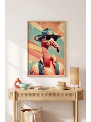 Tontilika Havalı Flamingo Retro Plaj Ahşap Çerçeveli Duvar Tablosu