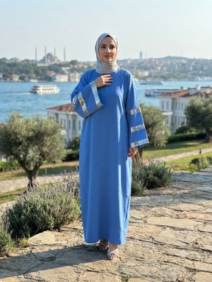 Filizzade Geniş Kol Pul Payet Şeritli ,38-48 Beden Arası Gündüz Gece Giyilebilen Elbise.