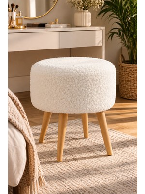 Yg Decor Bulut Bukle Kumaş Yuvarlak Puf Makyaj Masası Sandalyesi Ahşap Ayaklı Çok Amaçlı Oturma Koltuğu