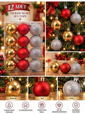 Kesene Yeni Yıla Özel 12 Parça Yılbaşı Çam Ağacı Süs Topları Sarı Kırmızı ve Gümüş Renkli noel Süs Topları