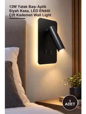 Yenilig 1 Adet CT-5253S Tuvalu LED Aplik CT-5253 – 13W Yatak Başı Aplik Siyah Kasa, LED Efektli Çift Kademeli Wall Light